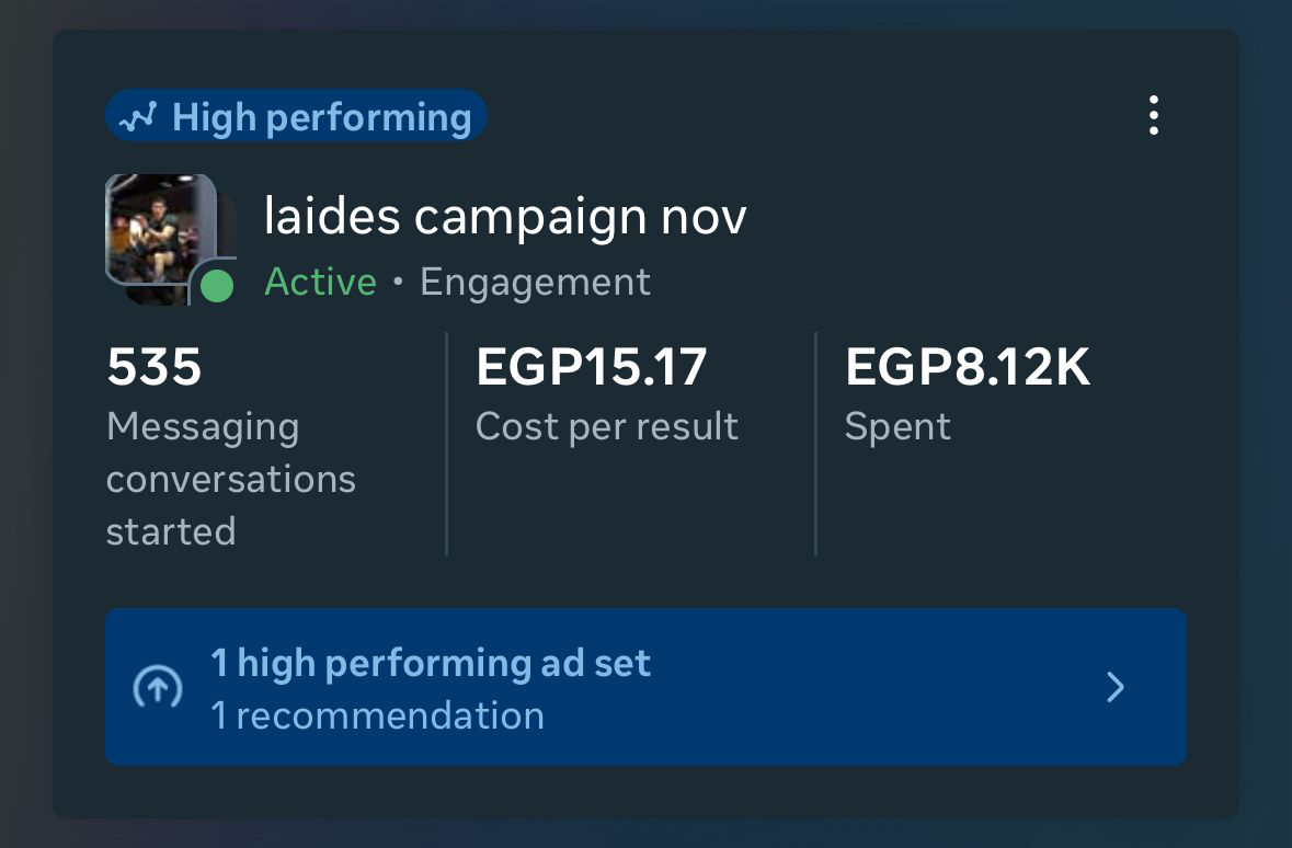 Meta Ads Manager screenshot of laides campaign nov, status Active, Engagement objective, with a "High performing" badge and a banner noting 1 high performing ad set and 1 recommendation. Results: 535 messaging conversations started, EGP 15.17 cost per result, EGP 8.12K spent.