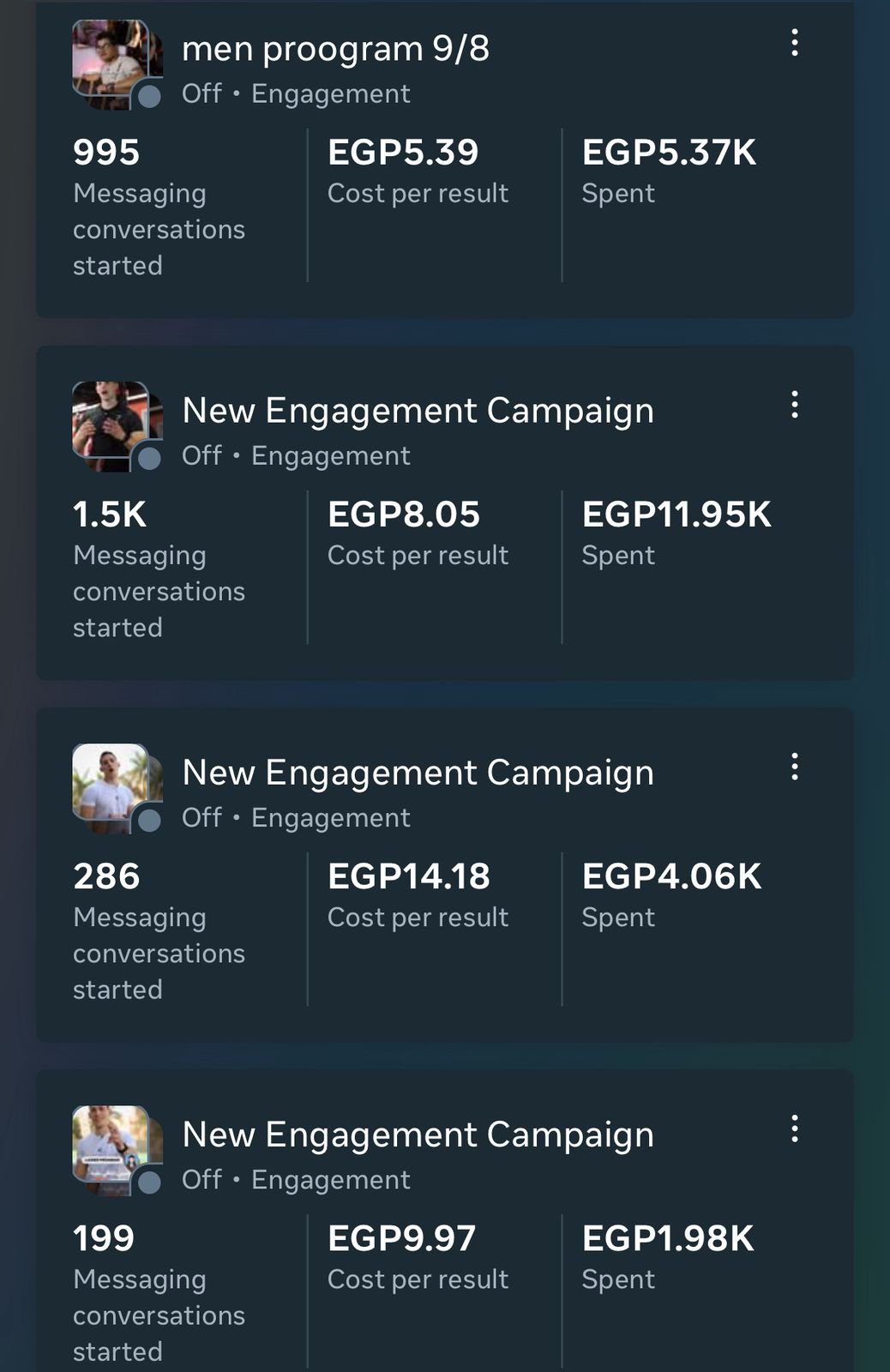 Meta Ads Manager list showing four Engagement campaigns: men program 9/8 with 995 conversations, EGP 5.39 cost per result and EGP 5.37K spend; and three New Engagement Campaigns with 1.5K conversations at EGP 8.05 and EGP 11.95K; 286 at EGP 14.18 and EGP 4.06K; 199 at EGP 9.97 and EGP 1.98K.